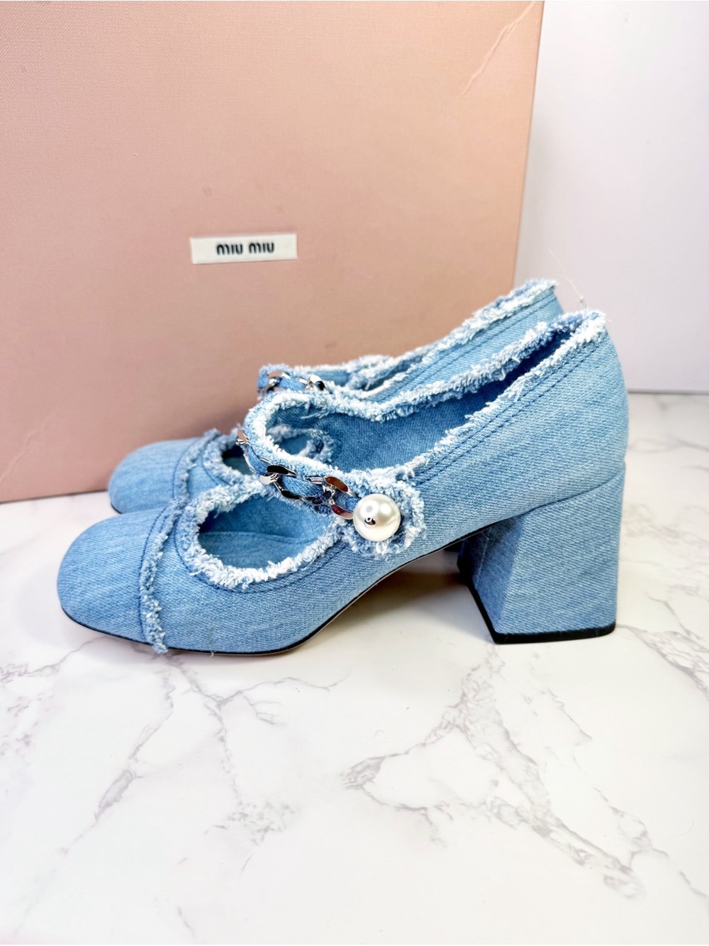 Miu Miu Decollette Denim Mary Jane Block Heels with Pearl Chain - Picture 3 of 15